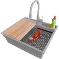 PrimaGran Granitspüle Grau 58x53cm, Spülbecken 1 Becken + Küchenarmatur 38x14cm + Ablauf-Set + Küchenzubehörset, Küchenspüle ab 60er Unterschrank - Oslo Pocket
