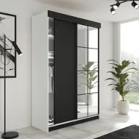 FURMEB24 2-türiger Schiebetürenschrank LAMER 167x205 cm Kleiderschrank mit Spiegel (weiß + schwarz)