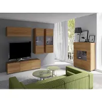 EURO-MEBLE Wohnzimmer-Set CALABRINI-6 Wohnwand Hängewohnwand Schrankwand mit LED-Beleuchtung TV-Schrank Vitrine Kommode Moderne Anbauwand Hochglanz (Eiche Gold)