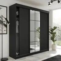 FURMEB24 3-türiger Schiebetürenschrank LAMER 200x205 cm Kleiderschrank mit Spiegel (schwarz + schwarz)