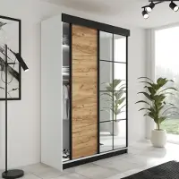 FURMEB24 2-türiger Schiebetürenschrank LAMER 138x205 cm Kleiderschrank mit Spiegel (weiße + goldene Eiche)
