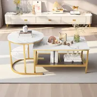 ProximaX Couchtisch Set, rechteckiger Tisch und Halbmond-Tisch, mit goldenen Tischbeinen, platzsparend und praktisch, Wohnzimmer, weiß