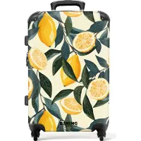 NoBoringSuitcases.com Hartschalen Koffer Mittelgroß 67x43x25 cm, 72L, Bunte Fruchtdrucke für Frauen: Beige mit Zitronen und Blättern, Reisekoffer mit 4 Rollen