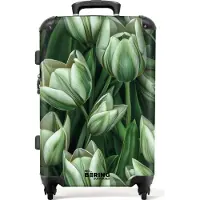 NoBoringSuitcases.com Großer Koffer - Grün mit weißen Tulpen - Kombinationsschloss TSA - Hartschalen Trolley 4 Rollen - 72 liter - Reisekoffer - 66 cmKoffer Mittelgroß 67x43x25 cm, 72L,