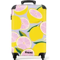 NoBoringSuitcases.com Hartschalen Handgepäck Koffer 55x35x20 cm, 36L, Bunte Fruchtdrucke für Frauen: Lila mit gelben rosa Zitronen, Reisekoffer mit 4 Rollen
