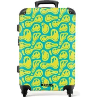 NoBoringSuitcases.com Hartschalen Koffer Mittelgroß 67x43x25 cm, 72L, Bunte Drucke für Frauen: Grün mit gelben Smileys, Reisekoffer mit 4 Rollen