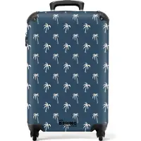 NoBoringSuitcases.com Hartschalen Handgepäck Koffer 55x35x20 cm, 36L, Sommerdruck für Männer: Blau mit beigem Palmenaufdruck, Reisekoffer mit 4 Rollen