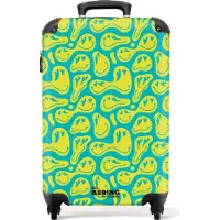NoBoringSuitcases.com Hartschalen Handgepäck Koffer 55x35x20 cm, 36L, Bunte Drucke für Frauen: Grün mit gelben Smileys, Reisekoffer mit 4 Rollen