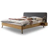 Bed Box Massivholzbett Eiche mit Polsterkopfteil – 180 x 200 cm / Wildeiche natur geölt / webstoff-grau
