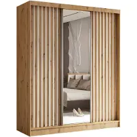 AGMAT-FURNITURE AGMAT Schwebetürenschrank Nevada, Kleiderschrank mit Spiegel und 3 Türen und 2 Schubladen, Moderne Garderobe in Farbe: Artisan, Schrank in Größe: 180 x 216 x 61 cm