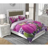 SOVIO Bettwäsche 140x200 cm + 2x70x80 cm, 3-teilig, 100% Baumwolle, Satin, Reißverschluss, Tulpen, Bunt - | So.0142