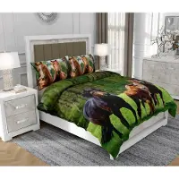 SOVIO Bettwäsche 160x200 cm + 2x70x80 cm, 3-teilig, 100% Baumwolle, Satin, Reißverschluss, Pferde, Bunt - | So.Z0003