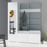 Jerpax Garderoben-Set LINDA – Kleiderschrank mit Polsterplatten, Schuhschrank und Schrankaufsatz, für Flur und Eingangsbereich (Weiß, Trinity 14)