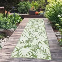 Teppichhome24 Exotischer Outdoor-Teppich mit tropischen Blättermotiven in Grün Größe - 90 x 300 cm