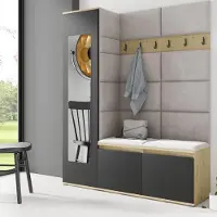 Jerpax Garderoben-Set LINDA – Kleiderschrank mit Polsterplatten, Schuhschrank und Schrankaufsatz, für Flur und Eingangsbereich (Artisan/Schwarz, Trinity 01)