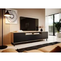 Jerpax TV-Schrank 200 cm, Fernsehtisch, Lowboard, Artisan/Schwarz Matt, Runde schwarze Metallfüße, Modernes Design, "Masimo"