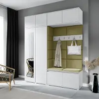 Jerpax Garderoben-Set NIKOLA, Kleiderschrank mit Polsterplatten, Schuhschrank und Schrankaufsatz 90 cm –Ideal für Flur und Eingangsbereich (Weiß, Trinity 27)