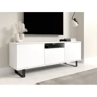 Jerpax TV-Schrank 150 cm, Fernsehtisch, Lowboard, Mattweiß, schwarze Metallfüße, Modernes Design, "Masimo"