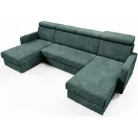 LIKMA Flaschengrün Ecksofa Mako U-Form 274x165 cm mit Schlaffunktion (254x125 cm) Eckcouch mit Bettkasten und Verstellbare Kopfstützen Wohnlandschaft Bettsofa mit Stauraum Polstermöbel Sofa 4 Sitzer