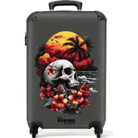 NoBoringSuitcases.com Hartschalen Handgepäck Koffer 55x35x20 cm, 36L, Verschiedene Drucke für Männer: Grau mit Totenkopf am Strand, Reisekoffer mit 4 Rollen