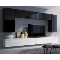 Ravio Wohnwand Amanda VII, Wohnzimmer-Set, Anbauwand, Schrankwand, Mediawand 300cm Breite (Schwarz + Schwarz Hochglanz / Weiß + Weiß Hochglanz)