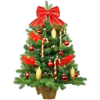 LAALU Künstlicher Weihnachtsbaum 60 cm mit LED-Beleuchtung, SANTA CLAUS, mit 29 Weihnachtsbaumschmuck, Pflanztopf mit Jutesack