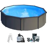 Planet Pool Aufstellpool Stahlwandpool-Set rund Ø 350x120 cm inkl. Sandfilteranlage, Einbauskimmer, Leiter, Filtersand & Anschlussschlauch anthrazit