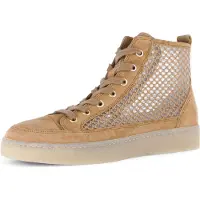 Gabor Plateausneaker , Damen, Gr. 38,5, Textil, braun (hellbraun), Textil, Ziegenveloursleder, Schuhe Plateausneaker, Schnürschuh, Freizeitschuh, High-Top-Sneaker mit modischer Stickerei