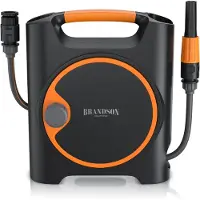 Brandson Wandschlauchbox 10 m, Schlauchtrommel mit Handkurbel und Tragegriff, Gartenschlauch 11 mm, Schnellkupplung 1/2 Zoll, Spritzdüse, Schlauchaufroller, schwarz-orange