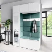 Jerpax Garderoben-Set MIKA Kleiderschrank mit Polsterplatten, Schuhschrank Schrankaufsatz und Hängeschrank Ideal für Flur & Eingangsbereich (Weiß Trinity 28)