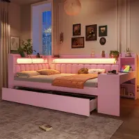 Flieks Jugendbett mit Led und Usb, Tagesbett Doppelbett mit Regal, Holzbett Klassisches Bett mit Schreibtisch und Schubladen, Kinderbett Rosa
