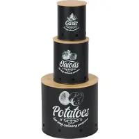 Relaxdays Aufbewahrungsbox 3er Set, Kartoffeln, Zwiebeln, Knoblauch, Gemüsebox Deckel, Vorratsdose Küche, Stahl, schwarz