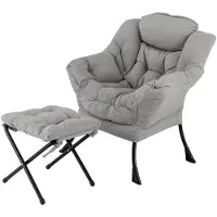 Costway Sessel mit Hocker, Relaxsessel mit Armlehnen, Seitentasche & Fußstütze, Loungesessel, Fernsehsessel, gepolsterter Ohrensessel, Plüsch Grau