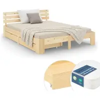 Homestyle4u Holzbett 140x200 mit Lattenrost mit Matratze mit Standard 100 2 Schubladen Natur Doppelbett