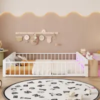 MODFU Kinderbett Metallbett 140x200 mit kleinen Schiebetür Doppelbett mit Sicherheitsgeländer und offenen Fächern Flachbett Bettgestell LED-Streifenleuchten ohne Matratze Weiß