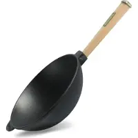 Brizoll Wok Bratpfanne Ø26 cm 2,8 L aus Gusseisen mit Holzgriff Asia Wokpfanne Induktion