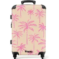 NoBoringSuitcases.com Großer Koffer - Beige mit rosa Palmen - Kombinationsschloss TSA - Hartschalen Trolley 4 Rollen - 72 liter - Reisekoffer - 66 cmKoffer Mittelgroß 67x43x25 cm, 72L,
