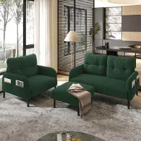 LVHOM Cord 3er-Set 2-Sitzer+Sessel+Hocker, Flexibel für Wohnzimmer Ecksofa mit Seitentaschen, Sitzgruppe Emerald