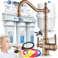 ARI Wasserfilter Set RO7 7-stufige Umkehrosmose mit 3-Wege Küchenarmatur Retro Antikmessing, Mineralisierung, 360° schwenkbar