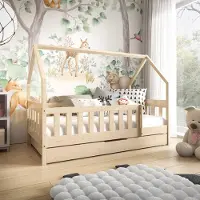 Jerpax Kinderbett mit Matratze und Schublade, Rausfallschutz, 80x190cm Hausbett, Holzbett in Hausform in Kiefer MILA