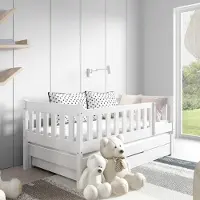 Jerpax Kinderbett 160 x 80 cm mit Matratze, Unterbett und Schublade, Doppelbett mit Rausfallschutz Weiß KAJA