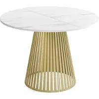 WFL GROUP Esstisch Rund Ausziehbar mit Lamellen im Loft-Stil – 120 bis 200 cm – Industrieller Tisch mit Goldenen Metallbeinen, Platzsparend für Wohnzimmer oder Esszimmer – Marmor Weiß