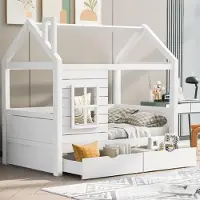 Sweiko Hausbett Kinderbett Jugendbett 80x160 mit Rausfallschutz vielseitiges Holz Kinderbett für Jungen & Mädchen, Massivholz Kinder Bett mit Rausfallschutz Fenster und Lattenrost, Weiss