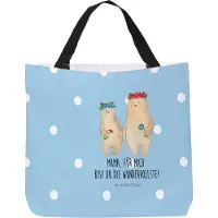 Mr. & Mrs. Panda Tote Bag Bären mit Blumenkranz - Blau Pastell - Geschenk, Familie, Tasche, Kinder, Strandtasche, Reisetasche, Tochter, Stoffbeutel, Lieblingsmensch, Mama