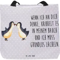 Mr. & Mrs. Panda Tote Bag Pinguine Kuss - Grau Pastell - Geschenk, Valentinstag, Einkaufstasche, Hochzeitstag, für Frauen, Partner, Reisetasche, Beutel, Freundin, Tasche