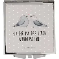Mr. & Mrs. Panda Schminkspiegel Turteltauben Liebe - Grau Pastell - Geschenk, Hochzeitstag, Freundin, Kosmetikspiegel, Quadratischer Spiegel, Handspiegel, Jahrestag