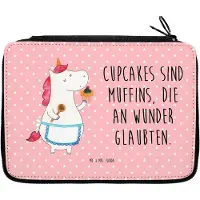 Mr. & Mrs. Panda Federmappe Einhorn Küche - Rot Pastell - Geschenk, Federtasche, Einhörner, Federmäppchen, Mäppchen, Muffin, Unicorn, Etui, Schlampermäppchen, Kuchen