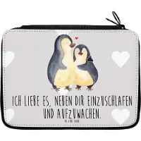 Mr. & Mrs. Panda Schulmäppchen Pinguine Einschlafen - Grau Pastell - Geschenk, Valentinstag, für Freundin, Etui, Frauen, Stiftemappe, Schlampermäppchen, Federmäppchen