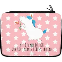 Mr. & Mrs. Panda Federmäppchen Einhorn Blume - Rot Pastell - Geschenk, Federtasche, Schlampermäppchen, Heiraten, Pärchen, Liebe, Mäppchen, Etui, Unicorn, Antrag, Ehe