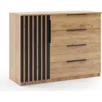 BM-Möbel Kommode Sorento 120 cm - Eiche Craft Gold, Lamellen Schwarz mit Schubladen